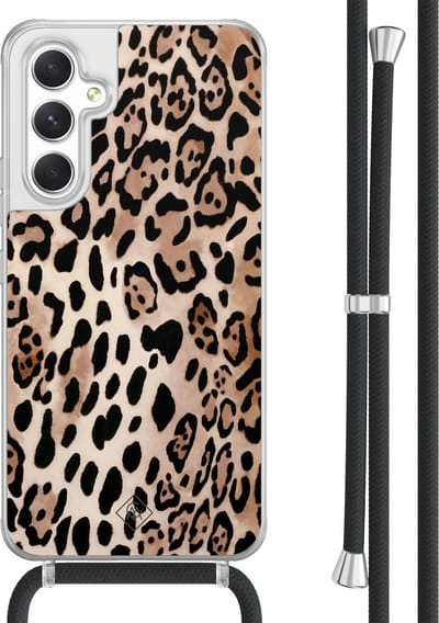 Casimoda® hoesje met koord - Geschikt voor Samsung A54 - Luipaard print bruin - Afneembaar koord - TPU/acryl - Bruin/beige