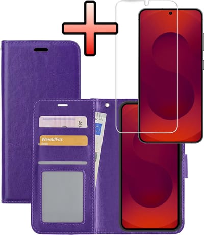 Hoesje - Met Screenprotector - Geschikt voor Samsung Galaxy S25 - Luxe Pasjeshouder - Bookcase Portemonee - Flip Case - Kunstleer Book Case - Flipcase - Book Cover - Walletcase - Portemonneehoes - Paars