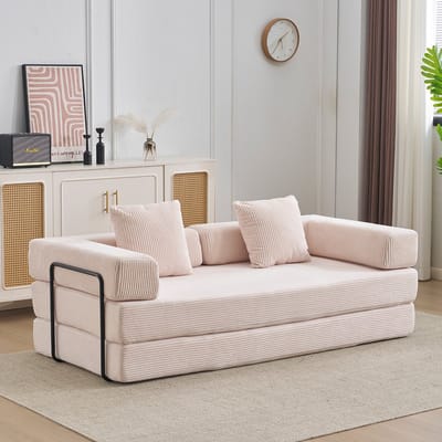 Multifunctionele Corduroy Slaapbank–Vaste Framebank–Opvouwbaar met 2 Kussens en Armleuningen–Comfortabel 2-in-1 Ontwerp–Geschikt voor 2 Personen–Te Gebruiken als Logeerbed, Bank en Ligstoel–Ideaal voor Woonkamer, Appartement of Kleine Ruimtes –Beige