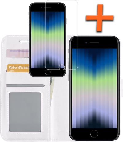 Hoes - Met Screenprotector - Geschikt voor Apple iPhone SE (2022) - Luxe Pasjeshouder - Bookcase Portemonee - Flip Case - Kunstleer Book Case - Flipcase - Book Cover - Walletcase - PortemonneeHoes - Wit