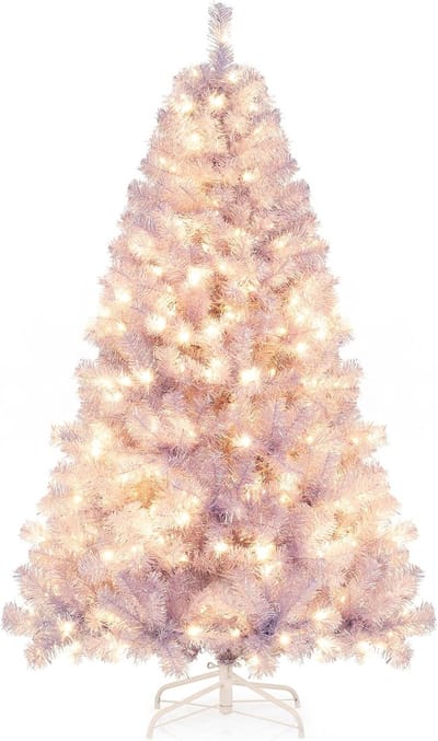 COSTWAY Kunstkerstboom met verlichting, 180 cm, kerstboom met warmwitte ledlampen, 8 modi en metalen standaard, kerstboom voor Kerstmis voor thuis (lavendelpaars)