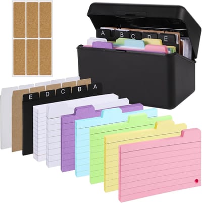 Index Box - 14.5x8x9.2 cm Zwart - met 230 Kaarten, 15 Tabs, 6 Ringen, Stickers