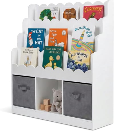 KOMFOTTEU Kinderboekenkast - Montessori kinderboekenkast - kinderboekenkast met 2 opbergdozen en 4 planken - speelgoedkast - 90 x 30 x 91,5 cm