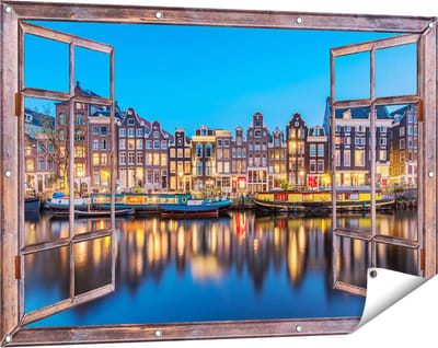 Gards Tuinposter Doorkijk Amsterdamse Huisjes in de Avond met Lichten - 120x80 cm - Tuindoek - Tuindecoratie - Wanddecoratie buiten - Tuinschilderij