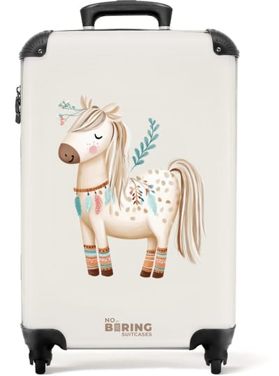 NoBoringSuitcases.com® - Kinderkoffer meisje - Kindertrolley meisjes - Bohemian paard in beige tinten - Handbagage koffer lichtgewicht - Reiskoffer trolley kinderen - Rolkoffer met wieltjes - Past binnen 55x40x20 en 55x35x25