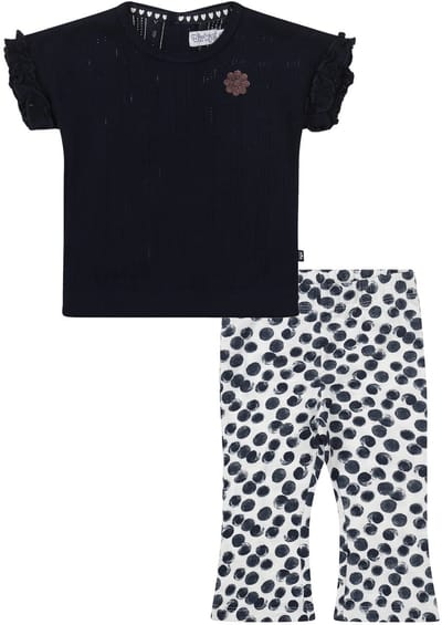 Dirkje kledingset - 2delig - Blauwe broek wit met stippen - Shirt navy met roesjes - Maat 104