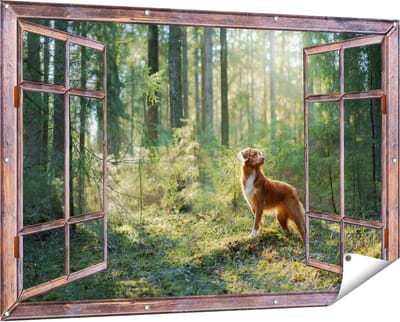 Gards Tuinposter Doorkijk Retriever Hond in het Bos met Zon - 150x100 cm - Tuindoek - Tuindecoratie - Wanddecoratie buiten - Tuinschilderij