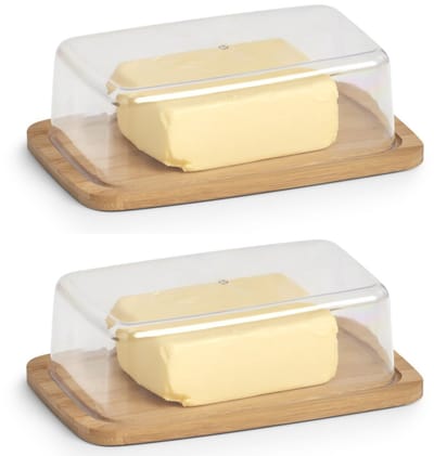 2x Botervloten bamboehout met kunststof deksel 19 cm - Zeller - Keukenbenodigdheden/accessoires - Tafel dekken - Botervloten - Boterkuipjes - Botervloot van hout