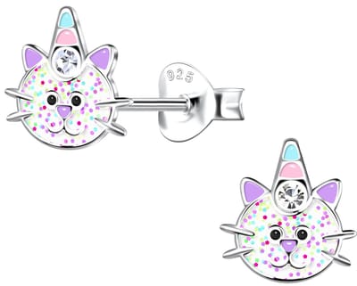 Joy|S - Zilveren kat poes oorbellen - met feestmutsje / hoorn glitters en een paars neusje - 7 x 8 mm - kristal - caticorn - kinderoorbellen