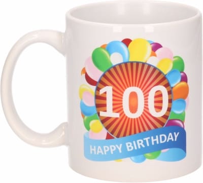 Beallatio Decorations - 100 jaar Verjaardag koffiemok - cadeau beker - feestelijke ballonnen print - 300 ml - keramiek - wit