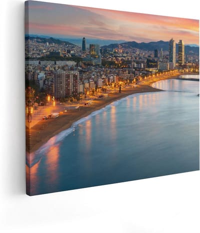 Artaza Canvas Schilderij Stad Aan Zee - 50x40 cm - Wanddecoratie Kust - Muurdecoratie Strand Barcelona - Kamer Accessoires Skyline