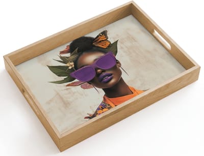 Dienblad hout 40x30 cm - Schootdienblad - Vrouw - Zonnebril - Vlinder - Bloemen - Borrelplank rechthoek - Plateau dienbladen
