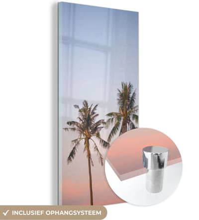 MuchoWow® Glasschilderij 60x120 cm - Schilderij acrylglas - Palmbomen - Zomer - Pastel - Foto op glas - Schilderijen