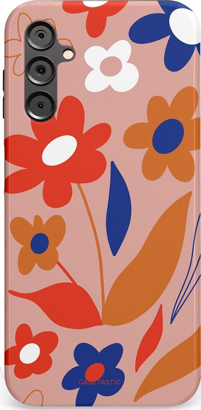 Casetastic hoesje geschikt voor Samsung Galaxy A14 (2023) 5G / Samsung Galaxy A14 (2023) 4G - Dubbellaagse bescherming - Vormen in bloei - Fashion Case - Perzik Rood Donkerblauw