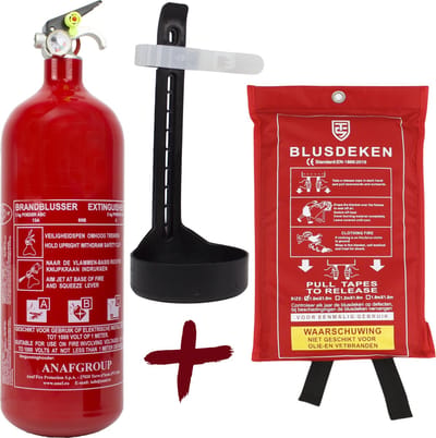 Brandblus set ABC – brandblusser 2 kg en blusdeken 100 x 100 cm – Met wandhouder en ophangoog - Ook voor auto, boot, caravan of camper – Poederblusser en branddeken