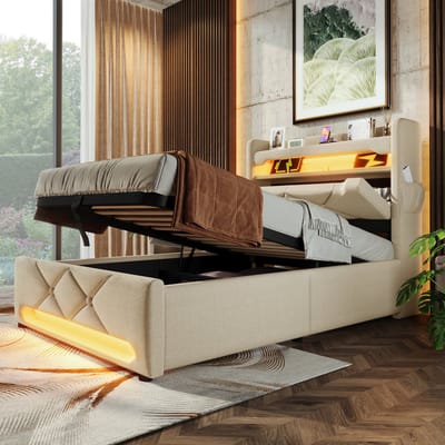 Gestoffeerd eenpersoonsbed 90*200 cm, opbergbaar hoofdeinde met USB- en Type-C-aansluiting, 360° LED-verlichting rondom het hoofd- en voeteneinde, met hydraulische opbergruimte, beige, linnen (matras niet inbegrepen)