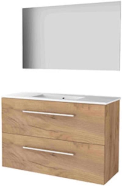 Basic-Line Ultimate 39 Badkamermeubelset - Ondiep - 100 x 39 cm - Greeploos - 2 Lades - Keramische Wastafel - 1 Kraangat - Spiegel met Indirecte LED Verlichting - Whisky Oak