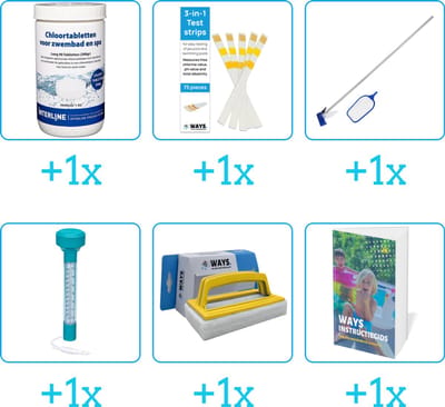Zwembad Onderhoudspakket - Onderhoud Zwembad - bevat Chloor - Testrips - Schoonmaakset - Thermometer - Scrubborstel en Zwembadgids (6-delig)