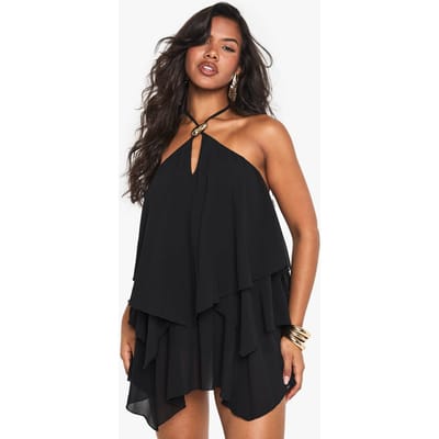 boohoo Dames Halternek Goudtrim Gelaagde Mini Jurk | Zwart | Maat: 44
