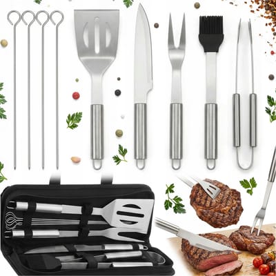 BBQ-gereedschapset 9-delig met koffer, roestvrijstalen tang, spatel, vork, mes, borstel en 4 lange satijnen handgrepen, LFGB gecertificeerd, draagbare koffer voor houtskool- en gasgrill, camping,