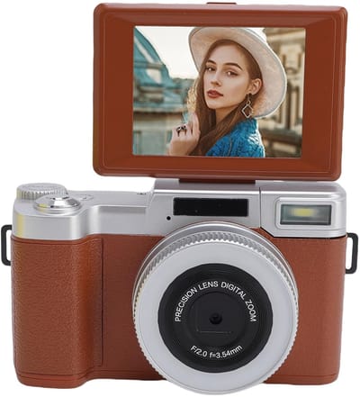 4K 64MP digitale camera voor autofocusfotografie, met 16 retrofilters en kantelbaar scherm, vlogcamera voor YouTube, compacte reiscamera (bruin)