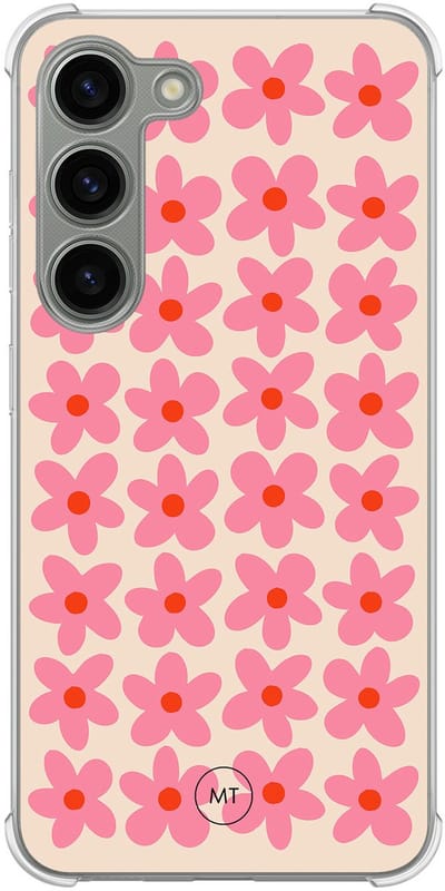 Hoesje (shockproof) geschikt voor Samsung Galaxy S23 - Retro blooms - Extra sterke case - TPU/polycarbonaat - Bloemen - Roze, Transparant