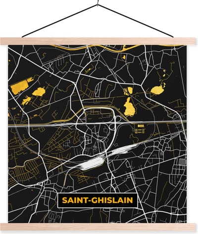 Posterhanger incl. Poster 40x40 cm - Schoolplaat - Kaart - Plattegrond - Saint-Ghislain - Gold - Stadskaart - Textielposter - Blanke latten - Stadskaart