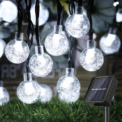 Rosnek Solar Lichtsnoer Buiten - Lichtslinger met 20 LED Kristallen Bollen - 5 Meter - 2 Standen met Geheugenfunctie - Tuinverlichting op Zonne-energie - IP44 Waterdicht - Wit
