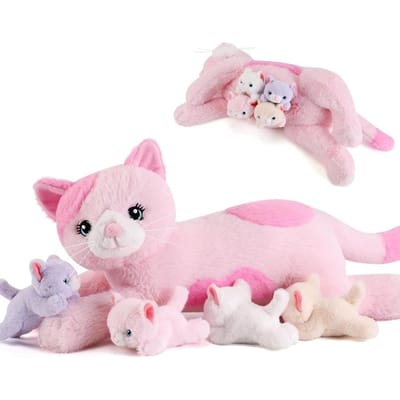 5 Stuks Roze Kat Pluche Speelgoed met Baby's Binnenin Mama en 4 Kittens Knuffels voor Kinderen Leeftijd 3-8 Perfect Verjaardagscadeau United States white