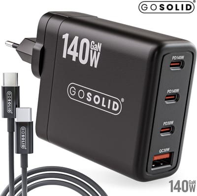 GO SOLID! Oplader 140W USB-C Voeding met 4 Poorten 3x USB-C, 1x USB-A Zwart
