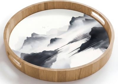 Dienblad rond 40x40 cm - Schootdienblad hout - Bergen - Mistig - Water - Wit - Borrelplank rechthoek - Plateau houten dienbladen