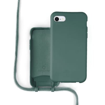 Coverzs Silicone case met koord - Telefoonhoesje met koord - Backcover hoesje met koord - touwtje - geschikt voor Apple iPhone SE 2022 - donkergroen