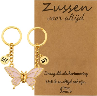BFF Sleutelhanger voor 2 'Zussen voor altijd' - Magnetische Roze Vlinder - Sleutelhanger set op Cadeau Kaartje Sleutelhanger set - Goudkleurig - Vriendschap Symbool - Pax Amare