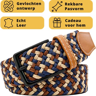Garzini Elastische Riem Heren - Gevlochten Broekriem Heren zonder gaatjes - Broekriem zonder gaatjes - W31-W33 (91-99 cm) - Bruin Beige Blauw