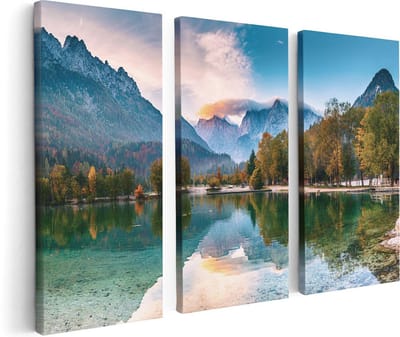 Artaza Canvas Schilderij Drieluik Meer In De Bergen Met Een Geit Standbeeld - 120x80 - Foto Op Canvas - Canvas Print