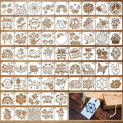 Schildersjablonen Hippie Stijl - Knutsel Sjablonen - Decoreren Huis - 64 Verschillende Patronen - 7.5 cm - Wit