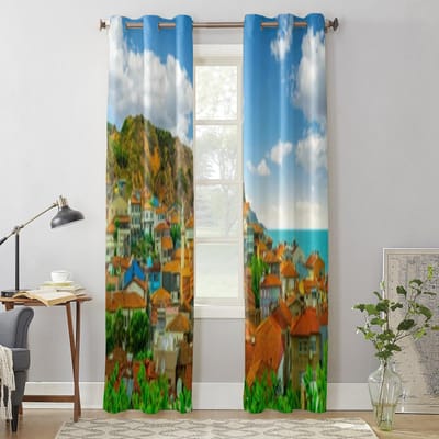 Dorpslandschap aan de kust Raamgordijn voor kinderkamer Huisjaloezieën Gordijnen voor woonkamer Slaapkamer Raamgordijnen 135W x 60H(cm) x1
