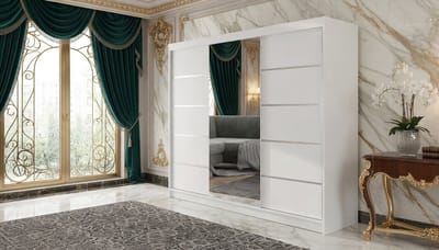 Kledingkast Casa Velluto Derby VI Wit – Luxe Schuifdeurkast met Spiegel, 200x215x58 cm – Garderobekast met 9 Planken en Kledingstang – Moderne Slaapkamerkast, Opbergruimte