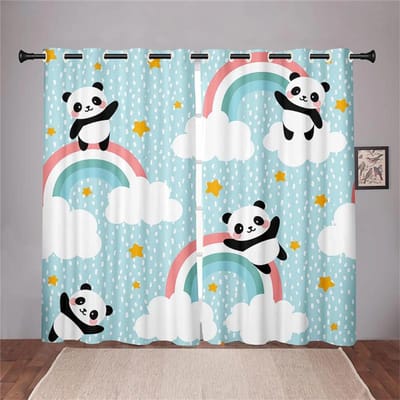 Schattige Cartoon Panda Graffiti Serie Kinderen Kind Lichtfilterende Gordijnen Raamgordijnen voor Woonkamer Slaapkamer 2 Stuks Decor 100W160H(CM)40x63in&Grommet Top white
