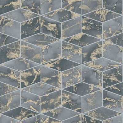 Grafisch behang Profhome 378634-GU vliesbehang glad met grafisch patroon glinsterend blauw goud zwart 5,33 m2