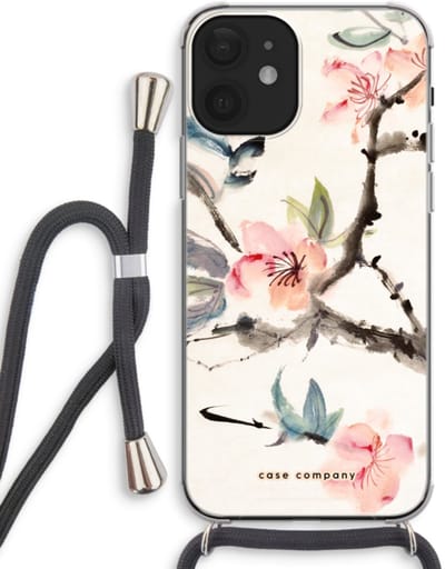 Case Company® - Hoesje met koord geschikt voor iPhone 12 hoesje met Koord - Japanse bloemen - Telefoonhoesje met Zwart Koord - Bescherming aan alle Kanten en Over de Schermrand