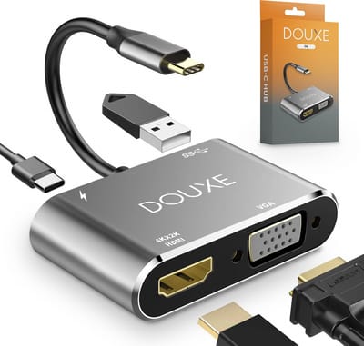 Douxe® USB C Hub naar HDMI (4K/30hz), VGA, USB 3.0 A en USB C - USB C adapter