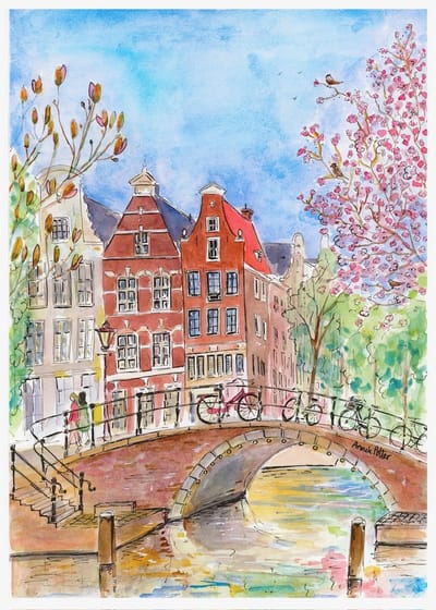 Art print Amsterdamse grachtenpanden - aquarel Keizersgracht - A4formaat - Aquarelpapier - Amsterdam