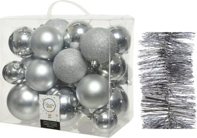 Kerstversiering kunststof kerstballen 6-8-10 cm met folieslingers pakket zilver van 28x stuks - Kerstboomversiering