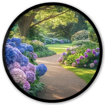Poster in lijst Rond - Fotolijst 40x40 cm - Posters - Hortensia- Park - Pad - Ronde posterlijst zwart - Decoratie - Wanddecoratie woonkamer - Muurdecoratie slaapkamer