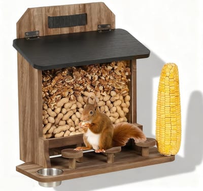 Houten voederhuisje voor eekhoorns - Weerbestendig en stevig - Buiten voederstation met picknicktafel - Inclusief drinkbak en maïskolbenvanger