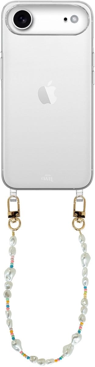 xoxo Wildhearts siliconen hoesje - Geschikt voor iPhone 17 Air hoesje - Beachy Vibes - Telefoonhoesje - Hoesje met koord - Korte parelketting / kralenketting - kort telefoonkoord - Transparant hoesje (korte variant)