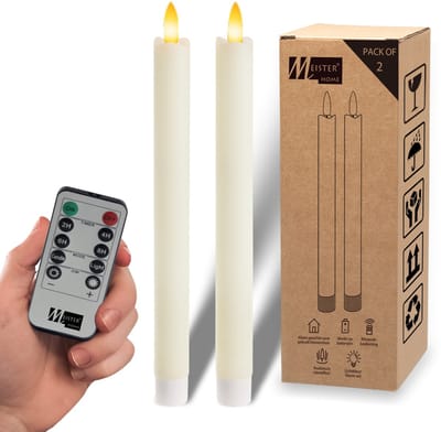 Meisterhome® LED Dinerkaarsen Set van 2 – LED kaarsen – Rustiek Ivoor – 23 cm – Echt Wax – Met Afstandsbediening – Dimbaar – Timer 2/4/6/8 uur