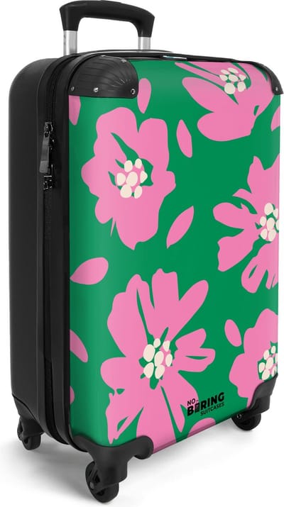 NoBoringSuitcases.com® - Handbagage reis koffer lichtgewicht - Reiskoffer trolley - Groen met roze bloemen - Rolkoffer op wieltjes - Valiezen reistrolley koffertje volwassesen - Past binnen 55x40x20 en 55x35x25
