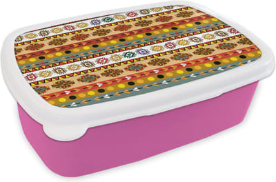 Broodtrommel Roze - Lunchbox - Brooddoos - Maya - Patroon - Latijns Amerika - 18x12x6 cm - Kinderen - Meisje